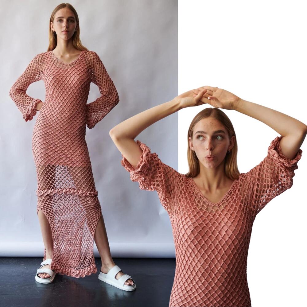 NEW AYNI IMAC Crochet Mesh Maxi Dress Side Slits Pima Cotton Medium Coral Knit